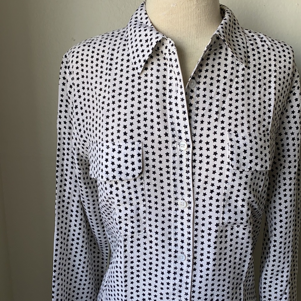 Equipment Silk White Black Stars Button Down Shirt M - Picture 3 of 5